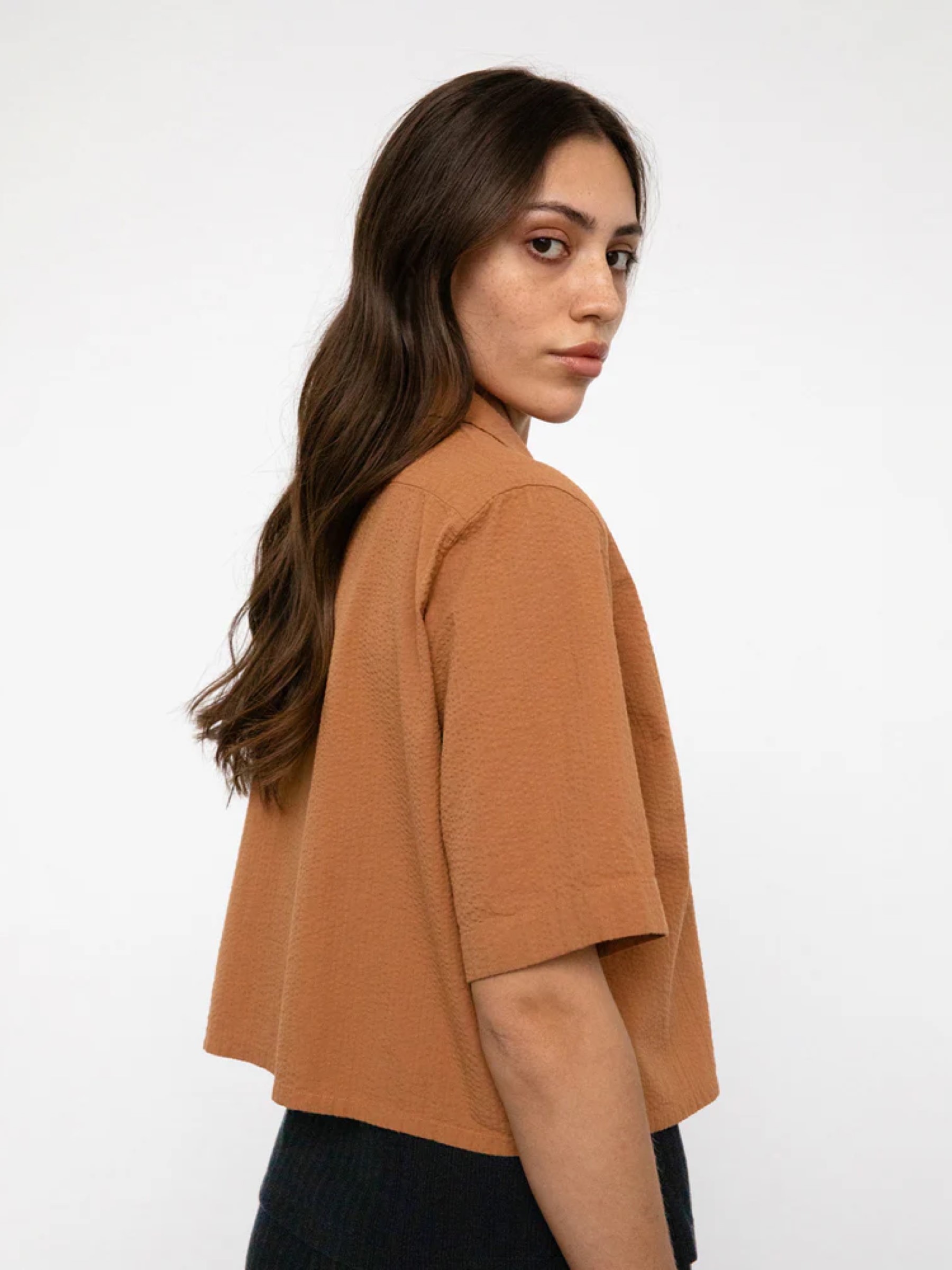 Bluse Cropped Bowling Shirt caramel brown Rotholz