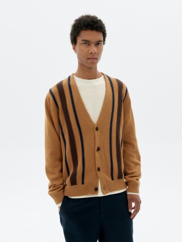 Strickjacke Creed Knitted Cardigan brown stripes Thinking Mu