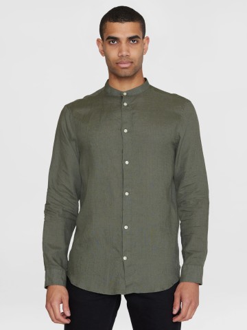 Hemd Regular Linen Stand Collar Shirt burned olive Knowledge Cotton Apparel