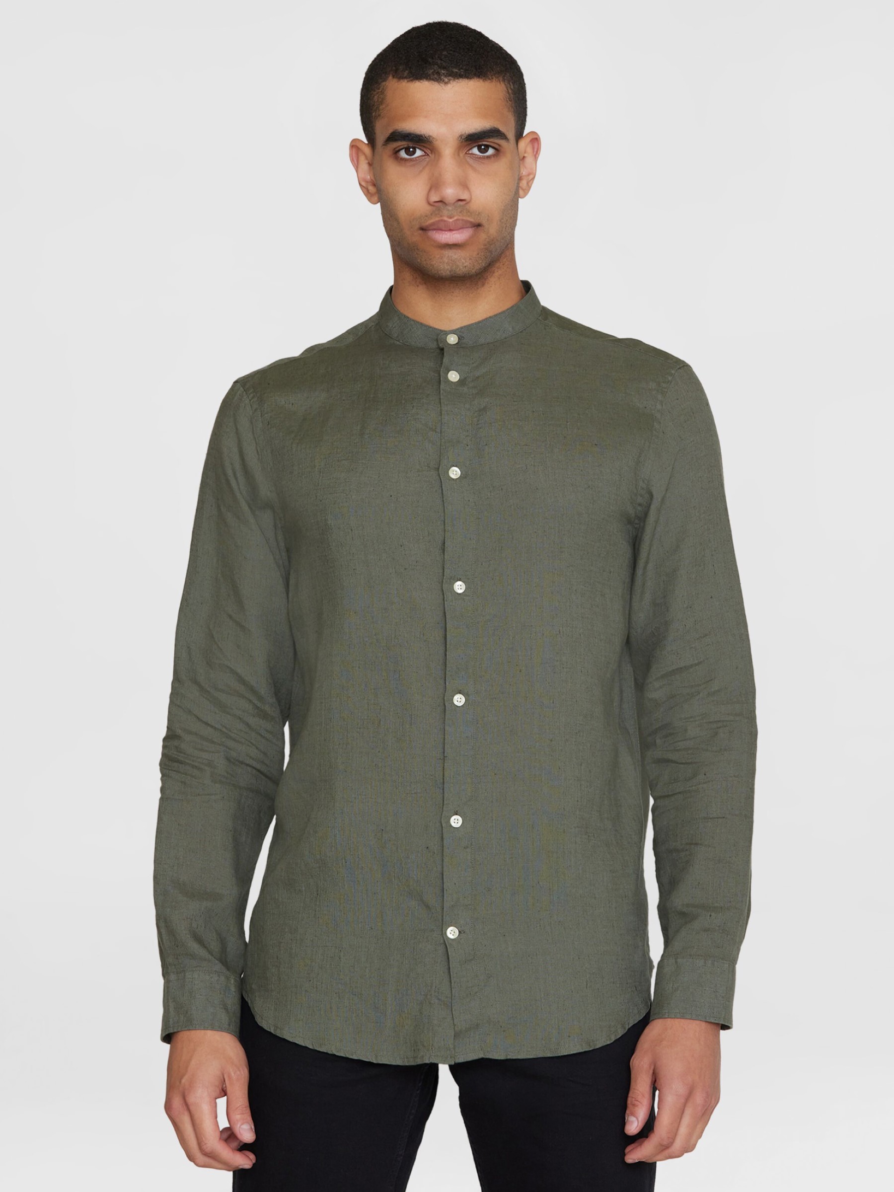 Hemd Regular Linen Stand Collar Shirt burned olive Knowledge Cotton Apparel