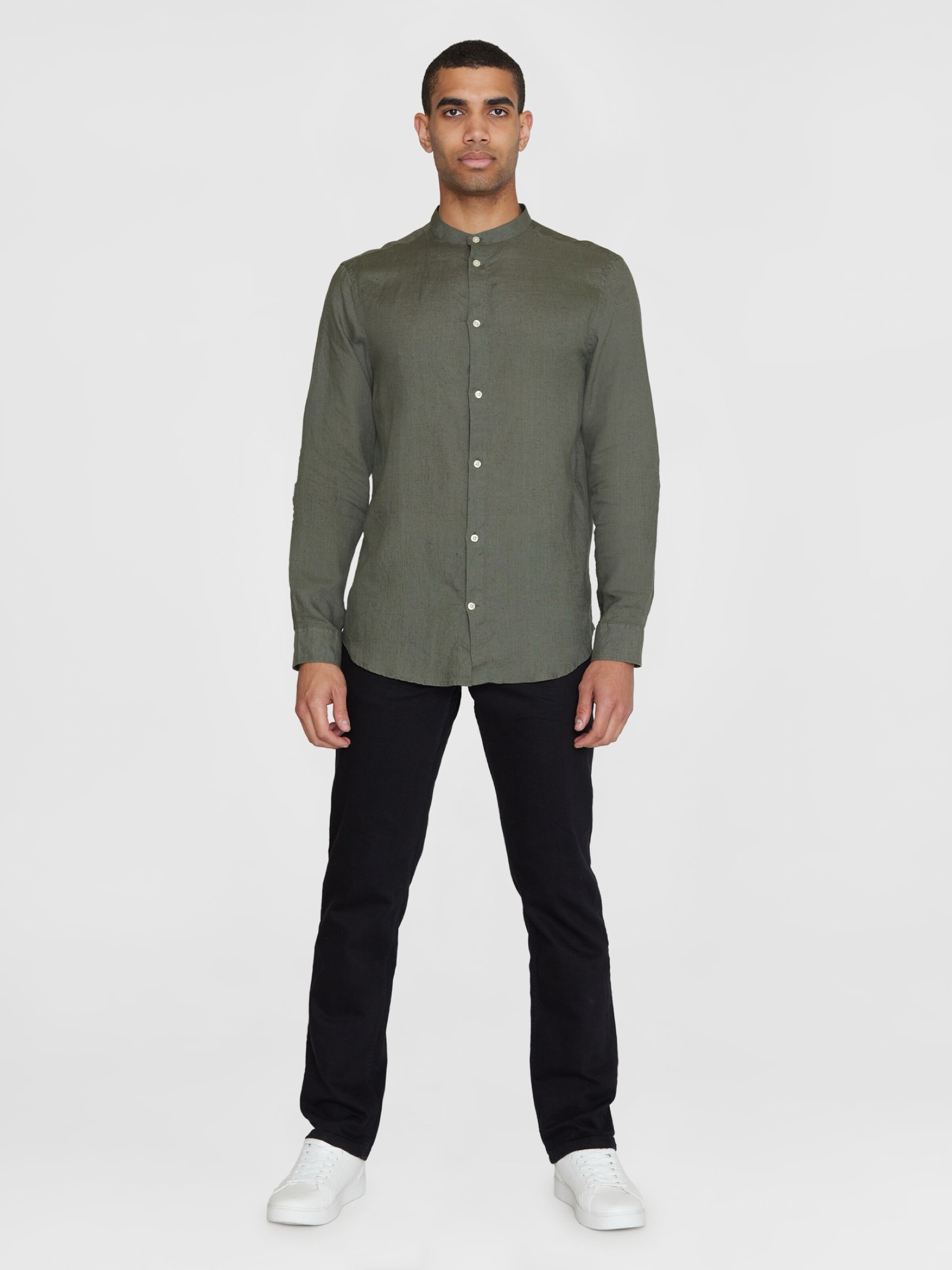 Hemd Regular Linen Stand Collar Shirt burned olive Knowledge Cotton Apparel