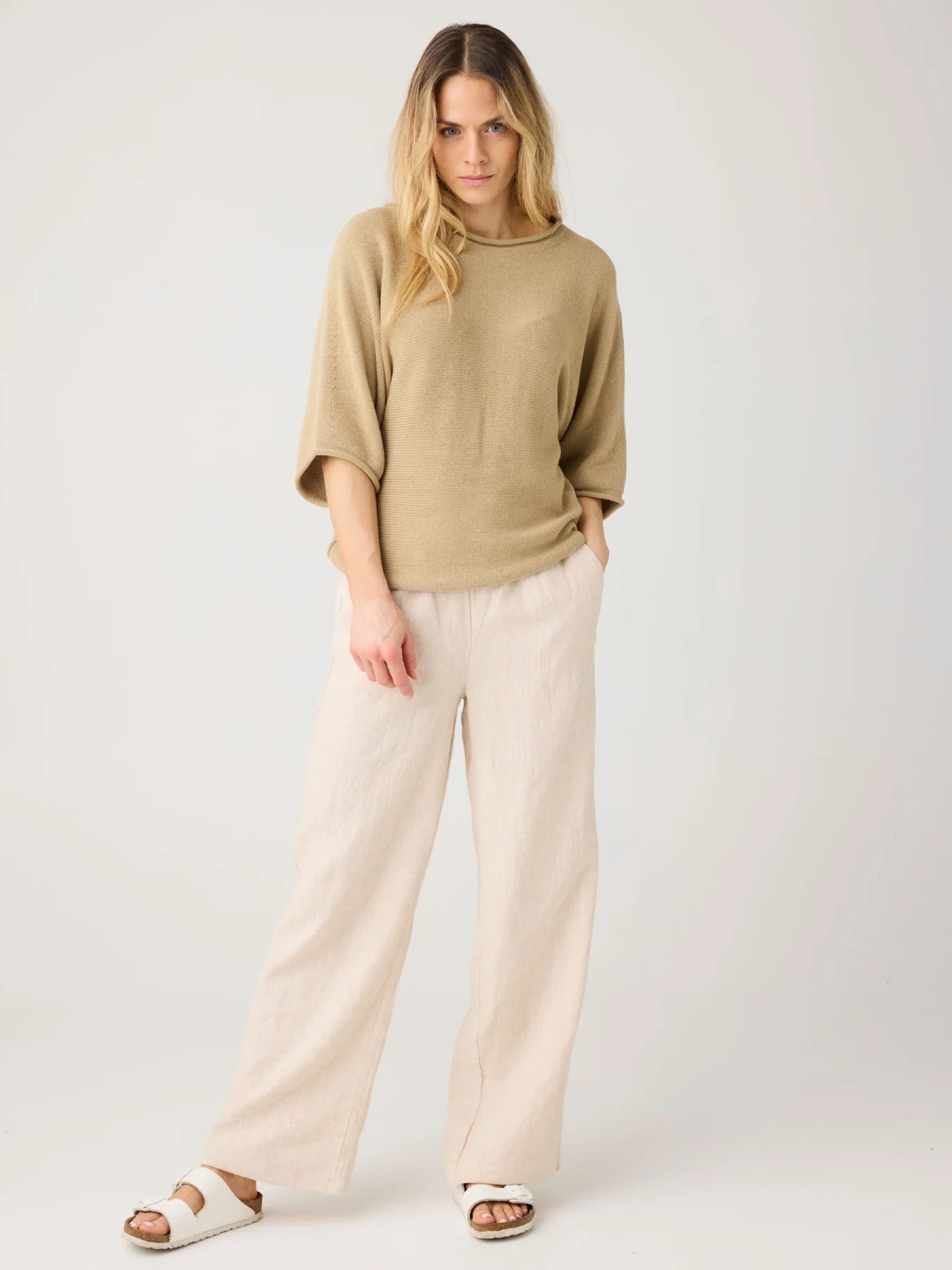 Leinenhose Posey Wide Mid Rise Linen Pants light feather grey Knowledge Cotton Apparel