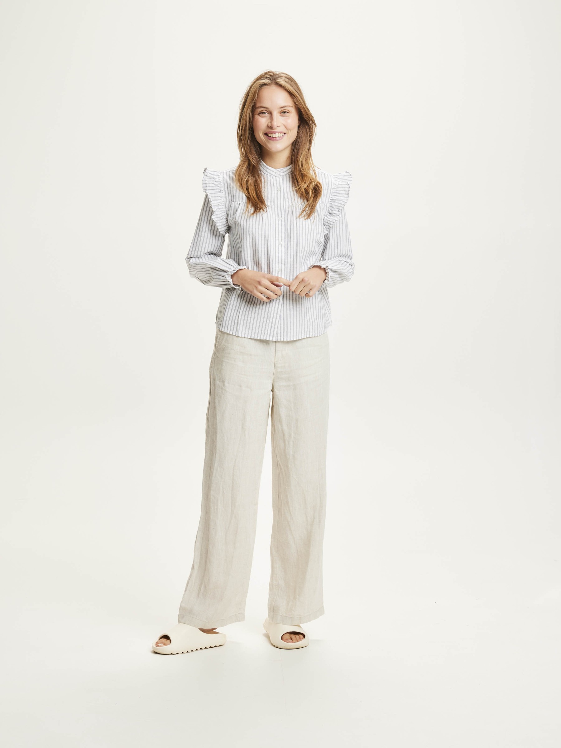 Bluse Ruffle Stripe Blouse snow white Knowledge Cotton Apparel