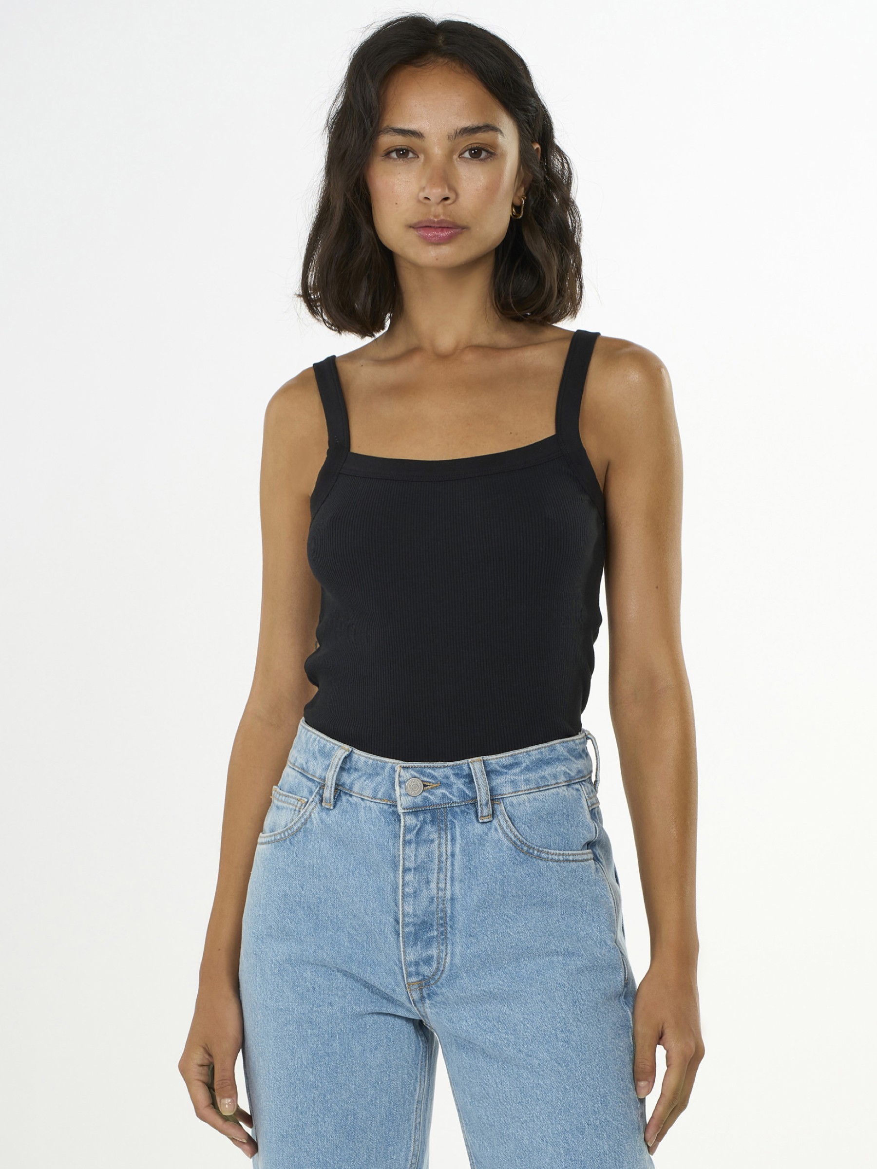 Rib Strap Top black jet Knowledge Cotton Apparel