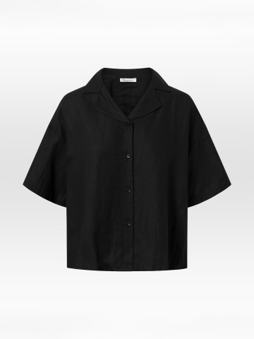 Bluse Loose Linen Mix Resort SS Shirt black jet Knowledge Cotton Apparel