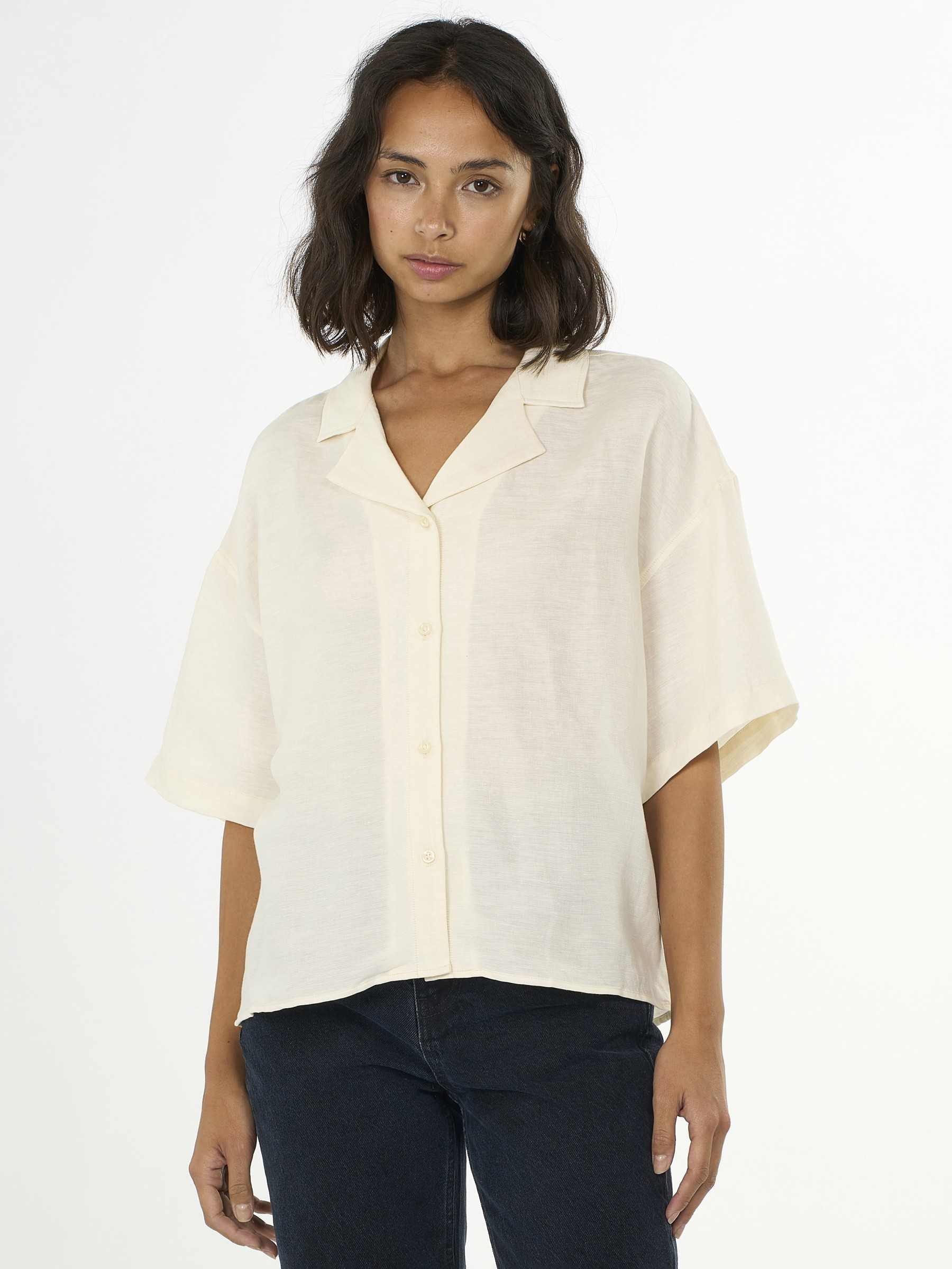Bluse Loose Linen Mix Resort SS Shirt buttercream Knowledge Cotton Apparel