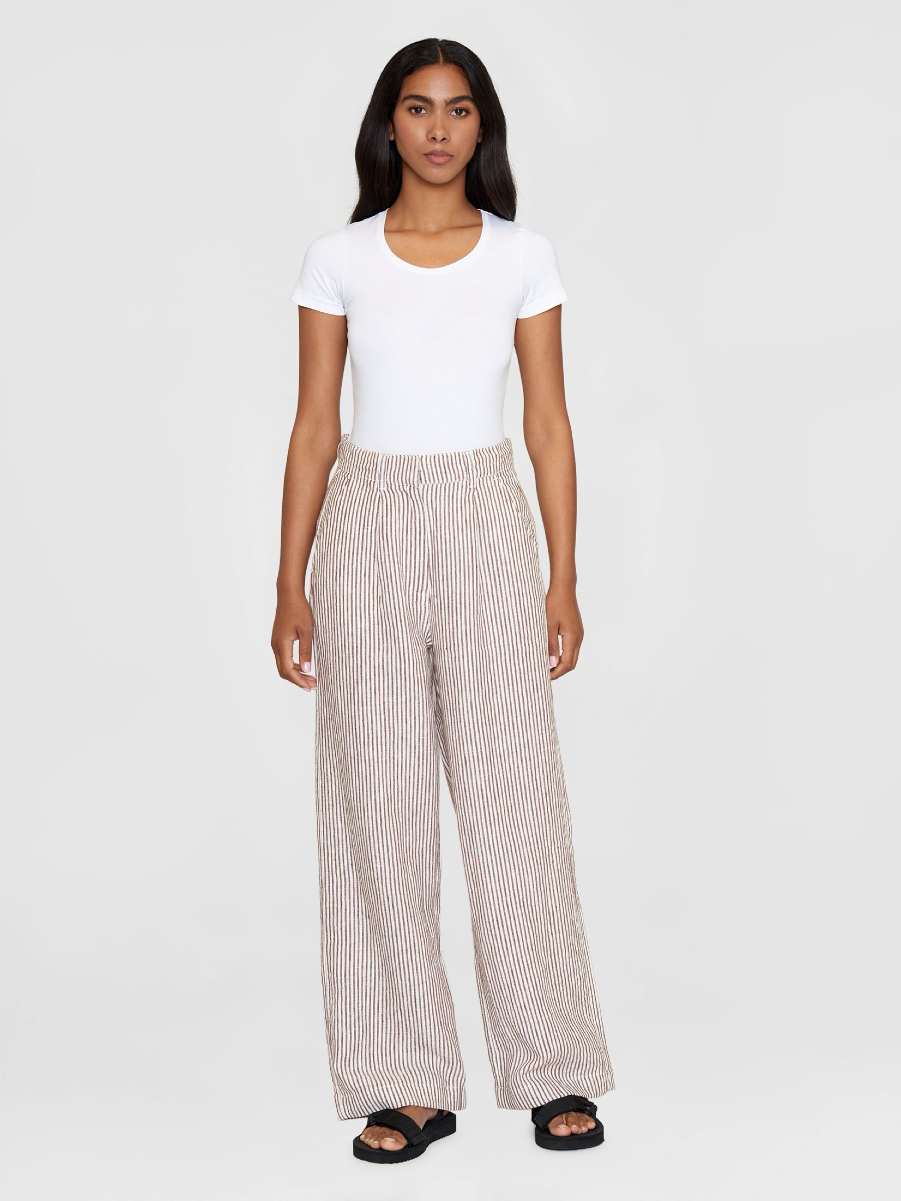 Hose Posey Wide Mid-Rise Striped Linen Pants brown stripe Knowledge Cotton Apparel