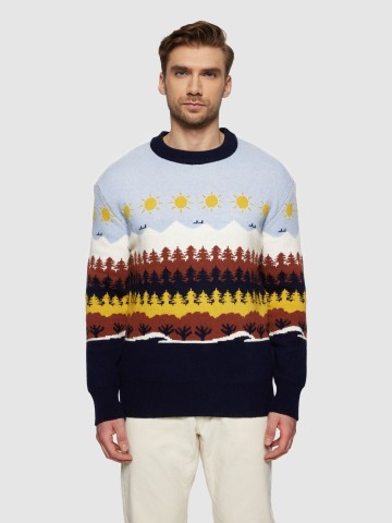 Pullover Fair Isle Crew Neck Knit multi color AOP Knowledge Cotton Apparel