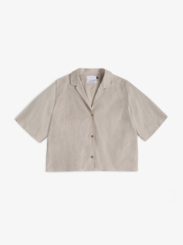 Bluse Cropped Bowling Shirt beige stripe Rotholz