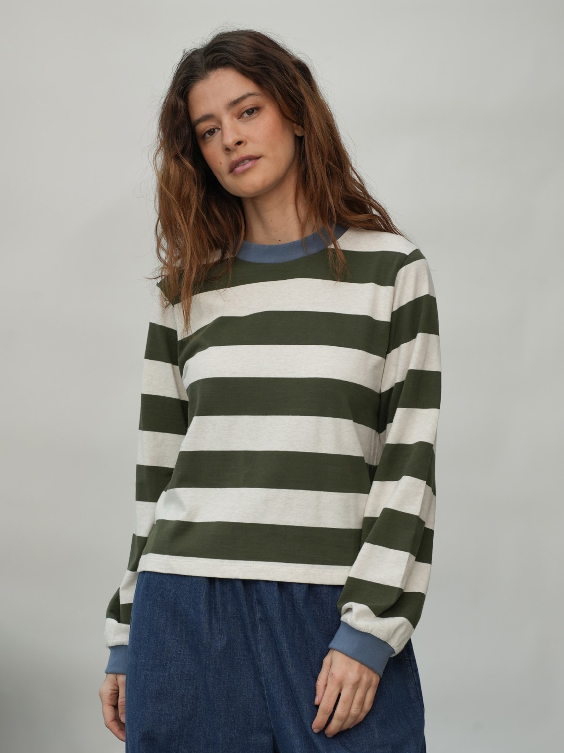 Longsleeve Sierra-Sue olive and ecru marl stripe Beaumont Organic