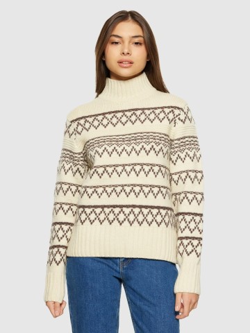 Pullover Lambswool Pattern High Neck creme stripe Knowledge Cotton Apparel