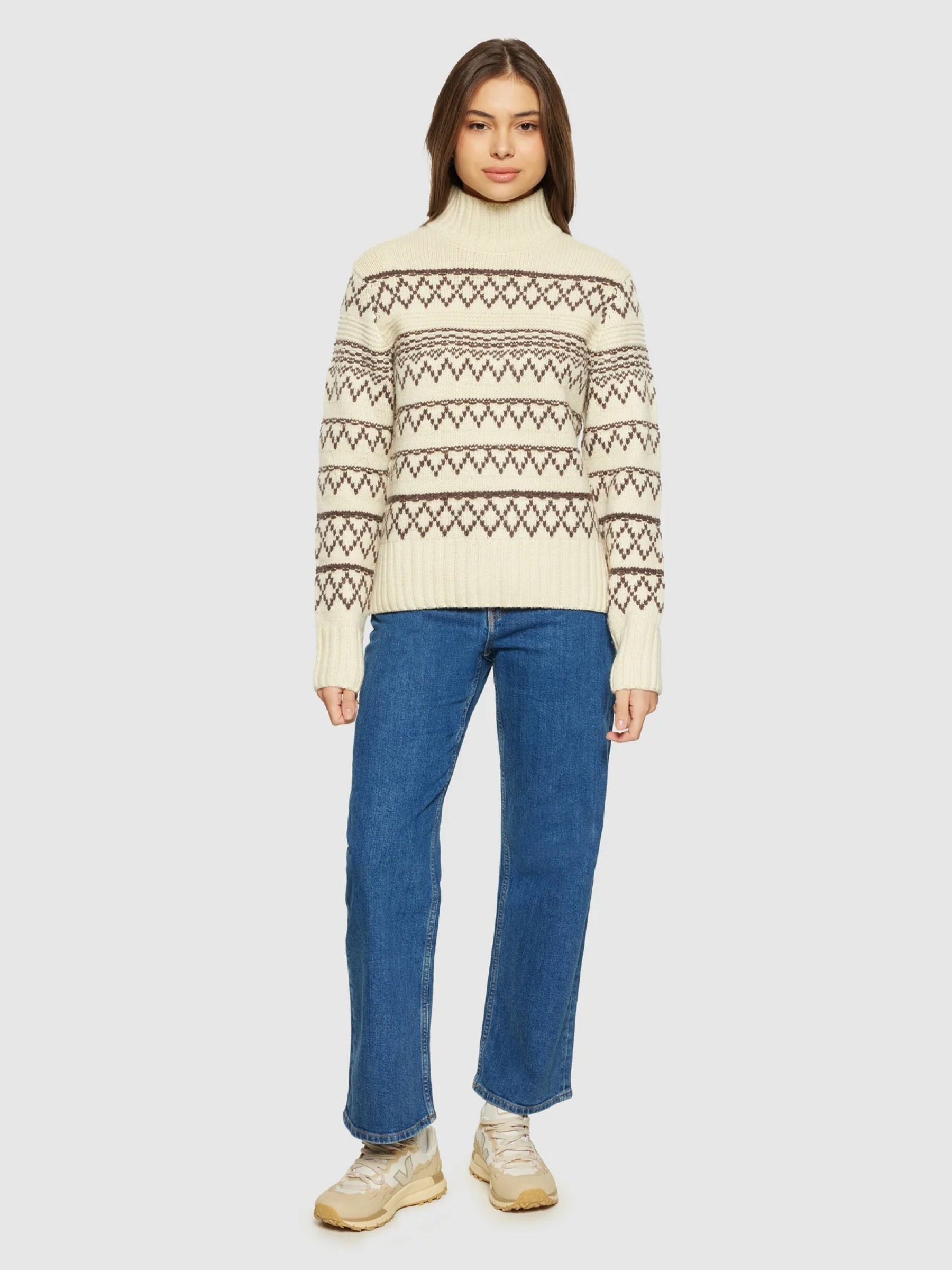Pullover Lambswool Pattern High Neck creme stripe Knowledge Cotton Apparel