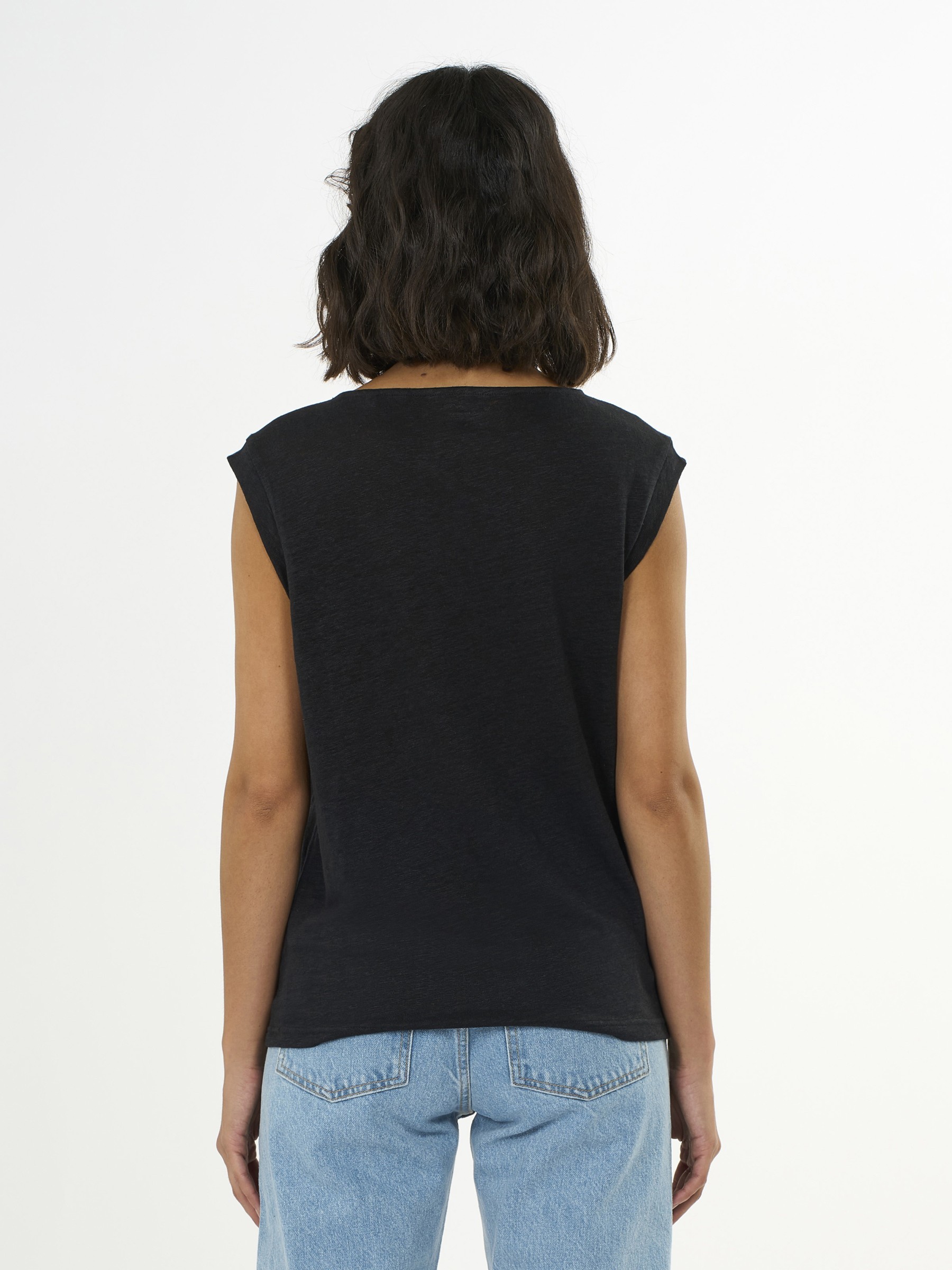 Top Loose Fold Up Linen T-Shirt black jet Knowledge Cotton Apparel