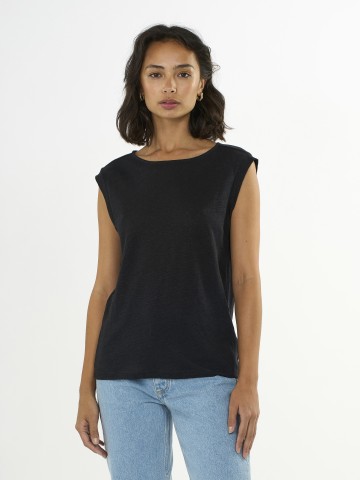 Top Loose Fold Up Linen T-Shirt black jet Knowledge Cotton Apparel