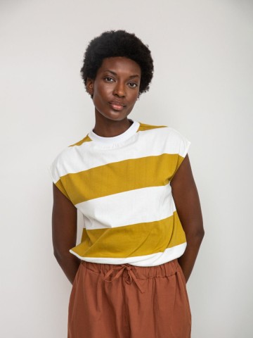 Top Aukai-Sue olive and white bold stripe Beaumont Organic